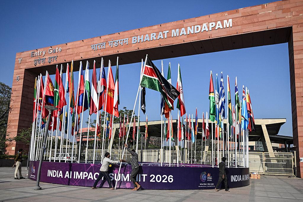 Aerial view of the summit expo floor at Bharat Mandapam
