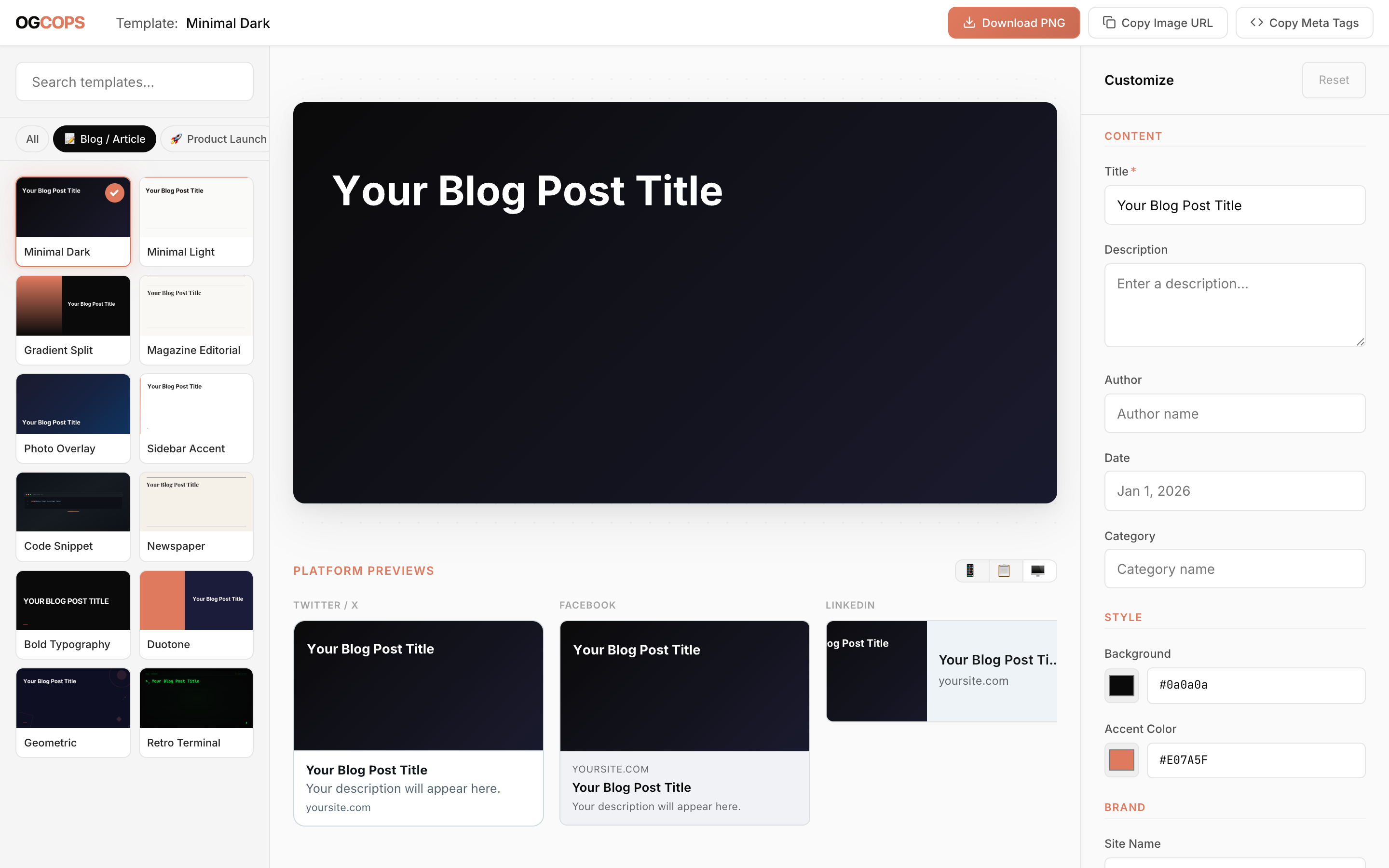OGCOPS editor with live OG image preview and customization panel