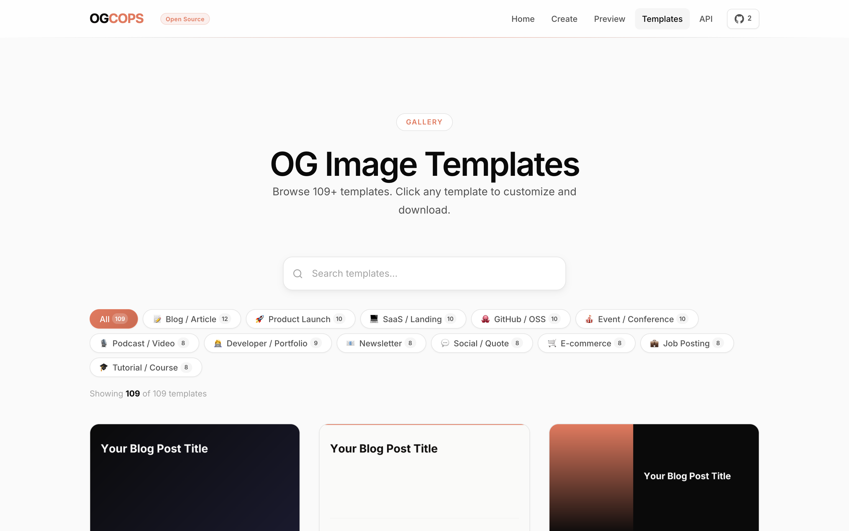 OGCOPS template gallery with 109+ templates across 12 categories